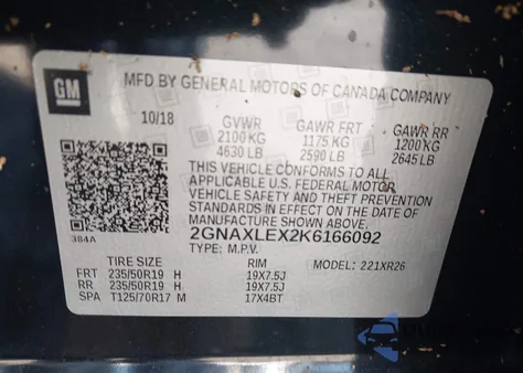 2019 Chevrolet Equinox Lt from USA, damaged, VIN 2GNAXLEX2K6166092